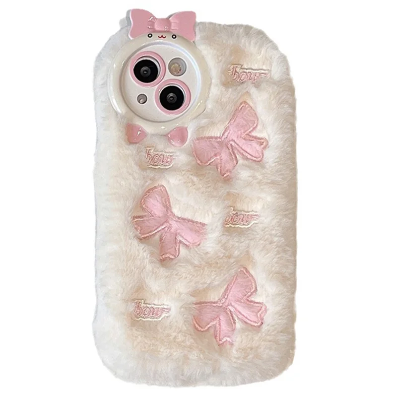 For iPhone 15 Plus Case Shockproof Plush Cute Bowknot Embroidery Silicone Cover - White