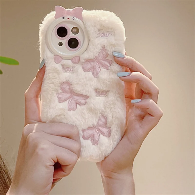 For iPhone 15 Plus Case Shockproof Plush Cute Bowknot Embroidery Silicone Cover - White