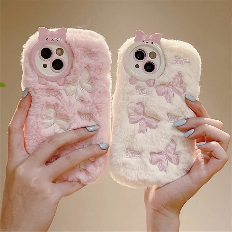 For iPhone 15 Plus Case Shockproof Plush Cute Bowknot Embroidery Silicone Cover - White