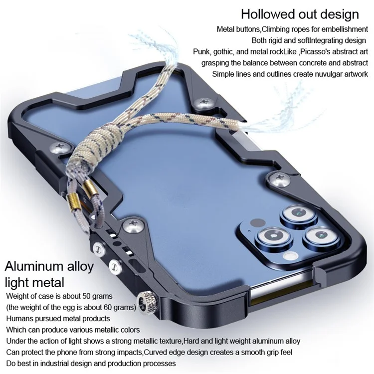 For iPhone 13 Pro Max 6.7 inch Protective Case Aluminium Alloy Metal Phone Cover with Strap - Silver