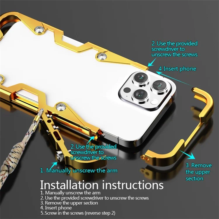 For iPhone 13 Pro Max 6.7 inch Protective Case Aluminium Alloy Metal Phone Cover with Strap - Silver