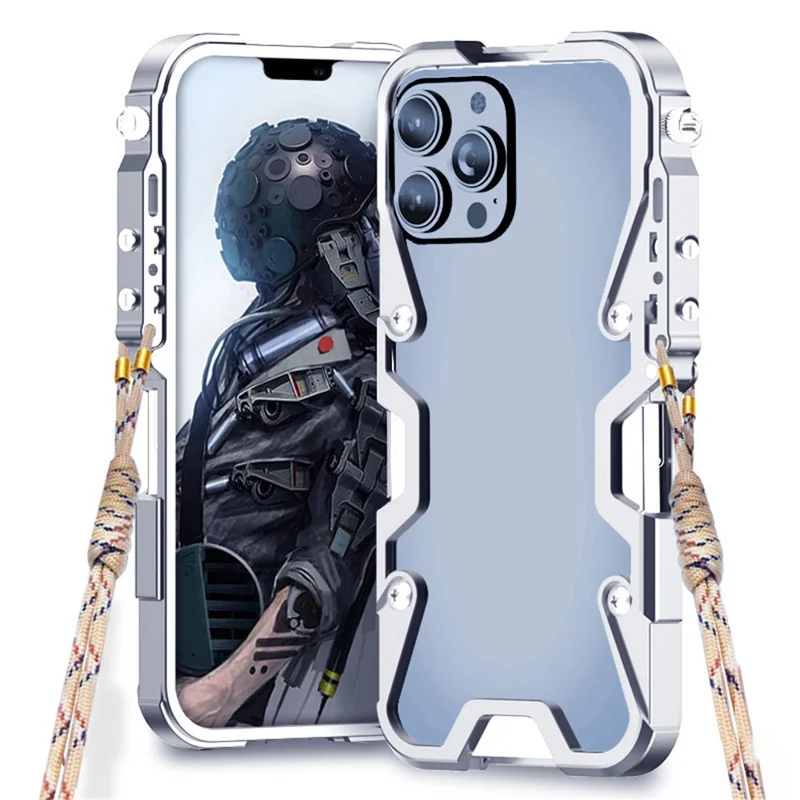 For iPhone 12 Pro Max 6.7 inch Metal Case Aluminium Alloy Slim Phone Cover with Strap - Silver