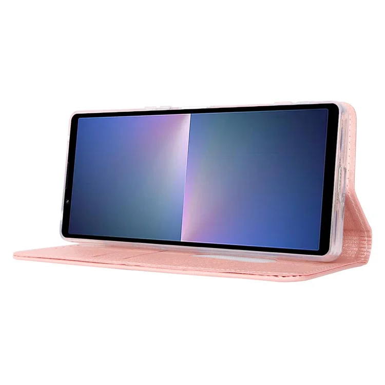 For Sony Xperia 5 V Phone Case Silk Texture Stand TPU + PU Leather Cover Wallet - Rose Gold