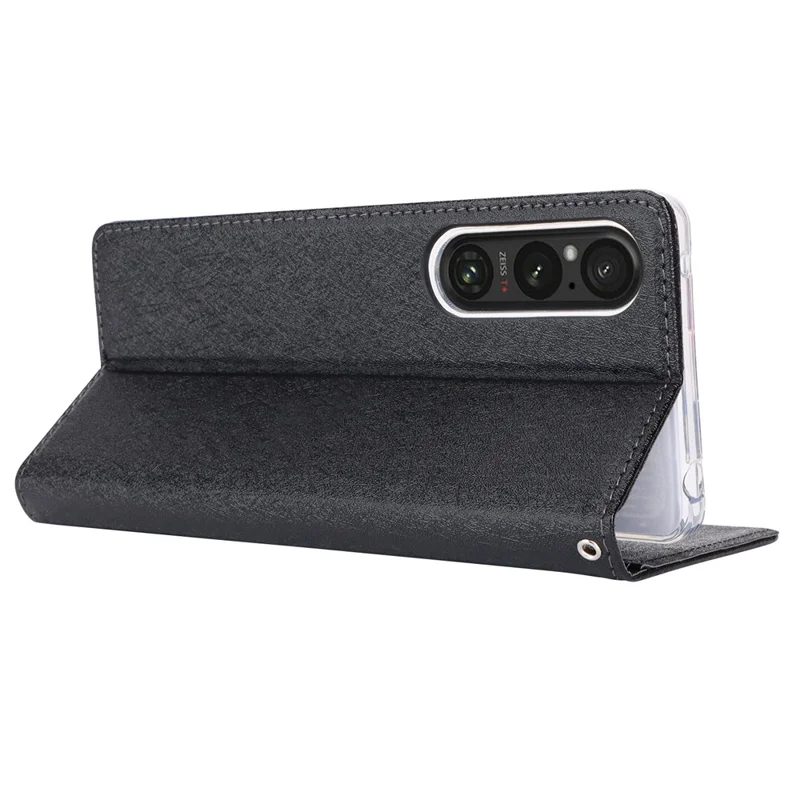Guscio per telefono in pelle PU per Sony Xperia 1 V Texture seta Portafoglio Custodia per telefono - Nero