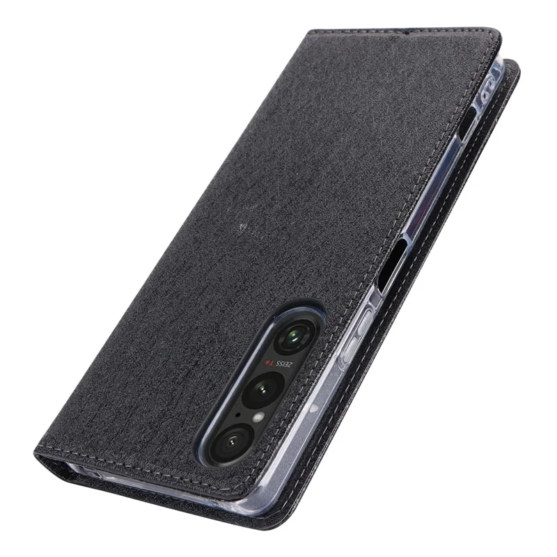 Guscio per telefono in pelle PU per Sony Xperia 1 V Texture seta Portafoglio Custodia per telefono - Nero