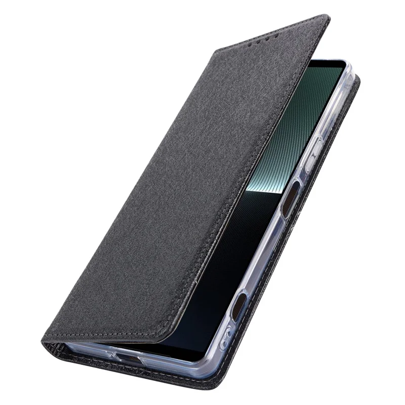 Guscio per telefono in pelle PU per Sony Xperia 1 V Texture seta Portafoglio Custodia per telefono - Nero