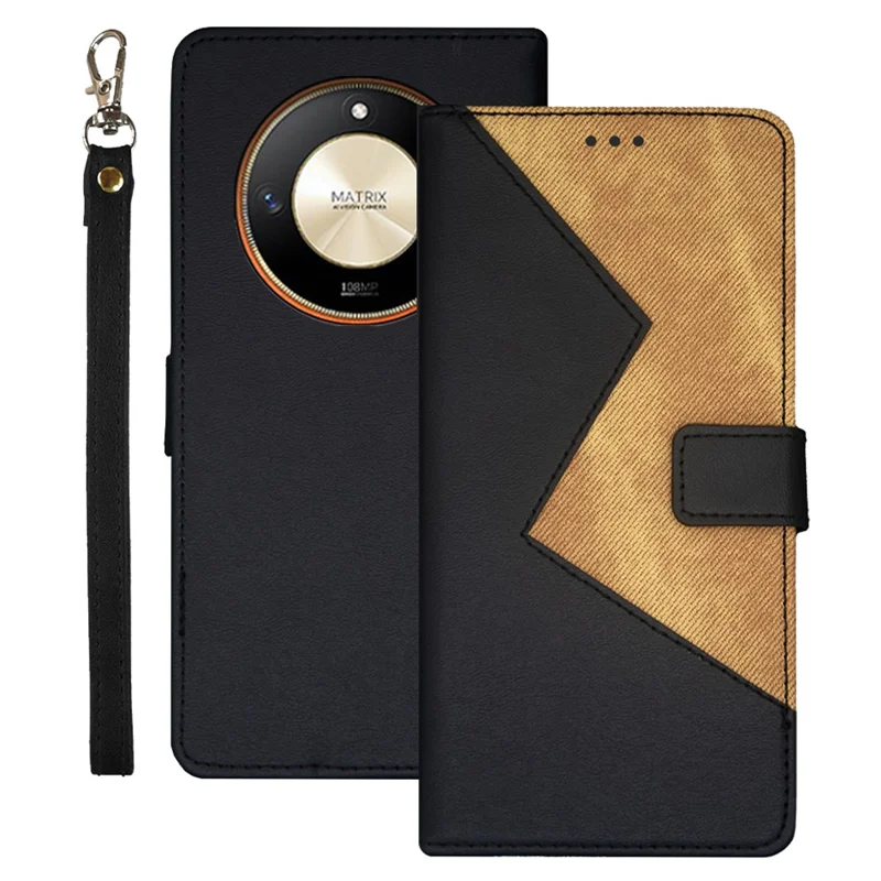 IDEWEI для Honor X9b 5G / Magic6 Lite 5G / X50 5G Чехлы Anti-Scratch Splicing Color PU Leather Cell Phone Cover - Черный