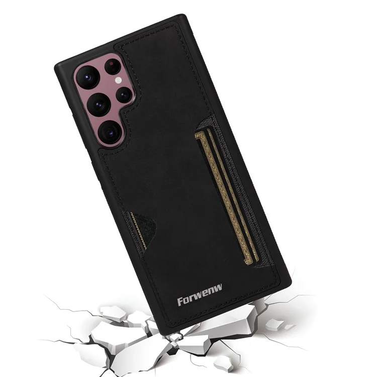 FORWENW F5 Series per Samsung Galaxy S24 Ultra Smartphone Case PU Pelle+TPU Portacarte Custodia Posteriore - Nero