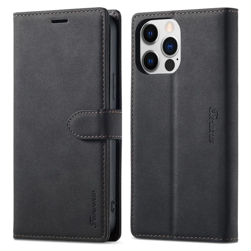 FORWENW F1 Series For iPhone 15 Pro Max PU Leather Case Phone Wallet Stand Protective Cover - Black