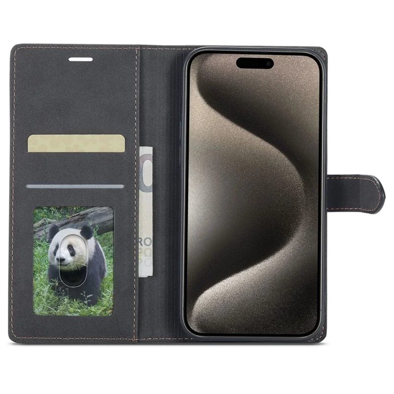 FORWENW F1 Series For iPhone 15 Pro Max PU Leather Case Phone Wallet Stand Protective Cover - Black