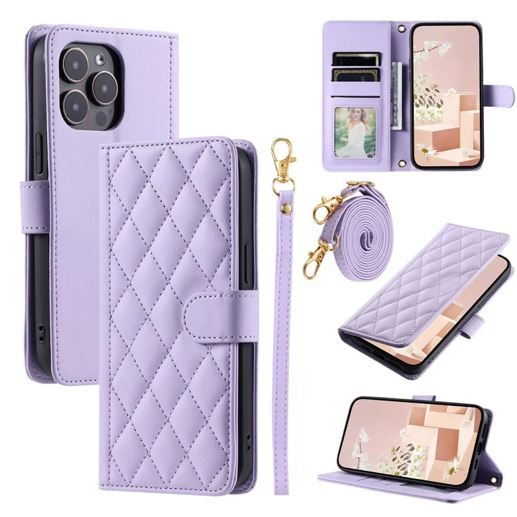 For iPhone 13 Pro Max Crossbody Phone Case Leather Cover Stitching Rhombus Grid - Purple