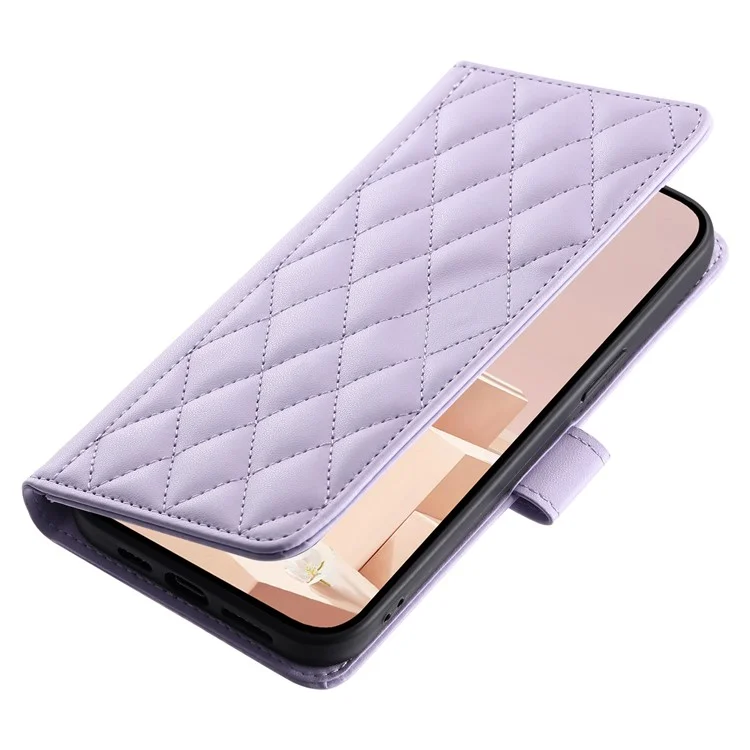 For iPhone 13 Pro Max Crossbody Phone Case Leather Cover Stitching Rhombus Grid - Purple