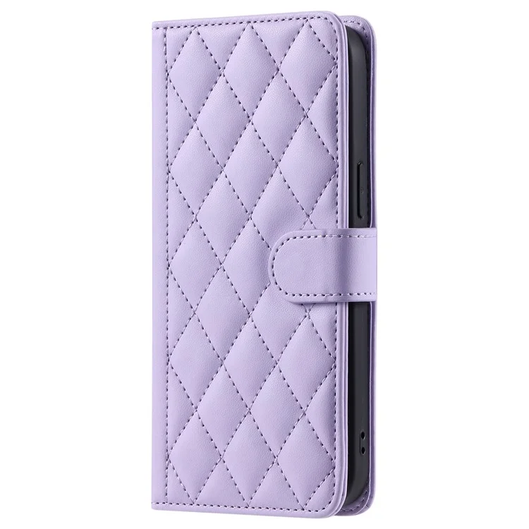 For iPhone 13 Pro Max Crossbody Phone Case Leather Cover Stitching Rhombus Grid - Purple