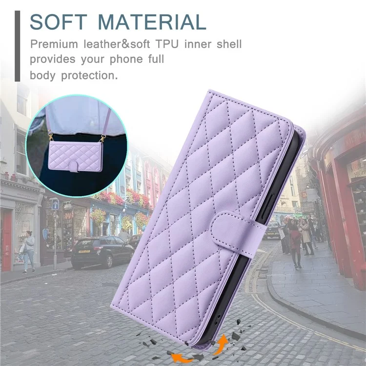 For iPhone 13 Pro Max Crossbody Phone Case Leather Cover Stitching Rhombus Grid - Purple