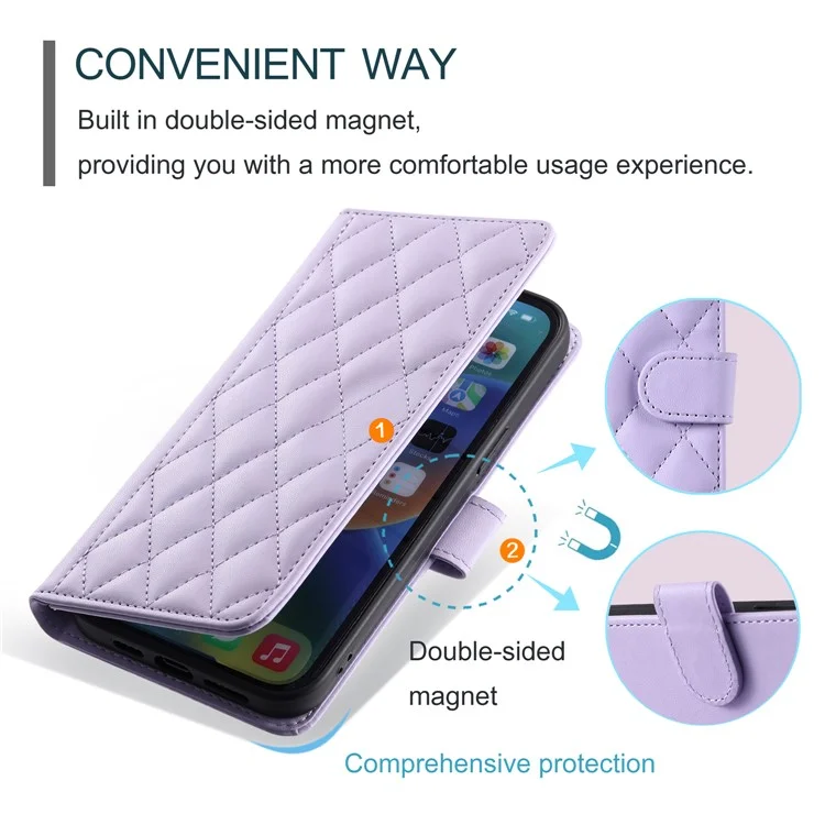 For iPhone 13 Pro Max Crossbody Phone Case Leather Cover Stitching Rhombus Grid - Purple