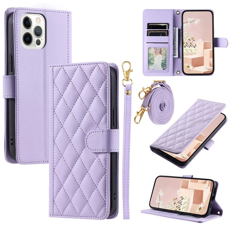 For iPhone 12 / 12 Pro Leather Case Wallet Stand Flip Phone Cover with 2 Straps - Purple
