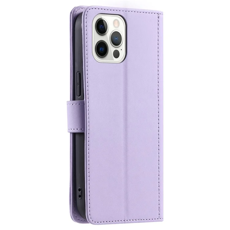 For iPhone 12 / 12 Pro Leather Case Wallet Stand Flip Phone Cover with 2 Straps - Purple