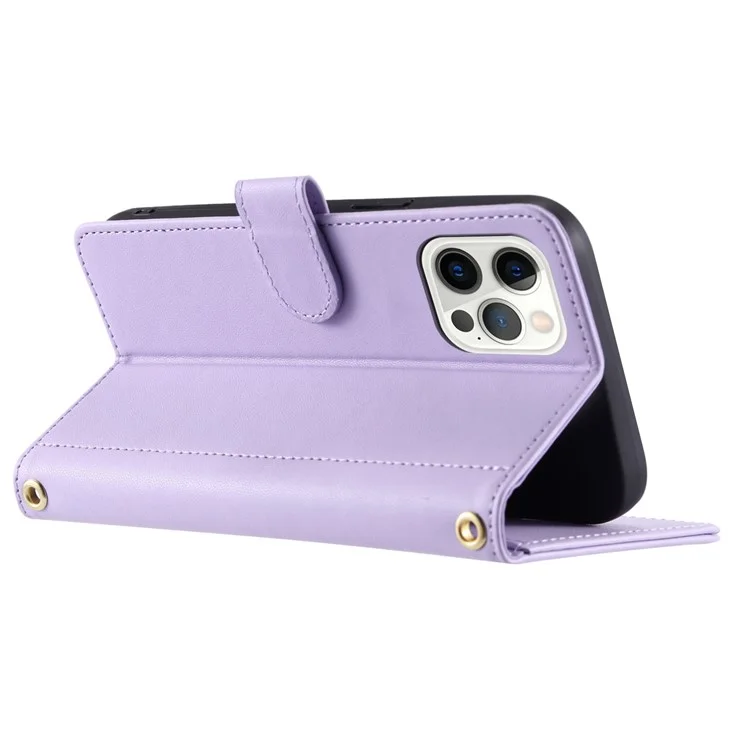 For iPhone 12 / 12 Pro Leather Case Wallet Stand Flip Phone Cover with 2 Straps - Purple