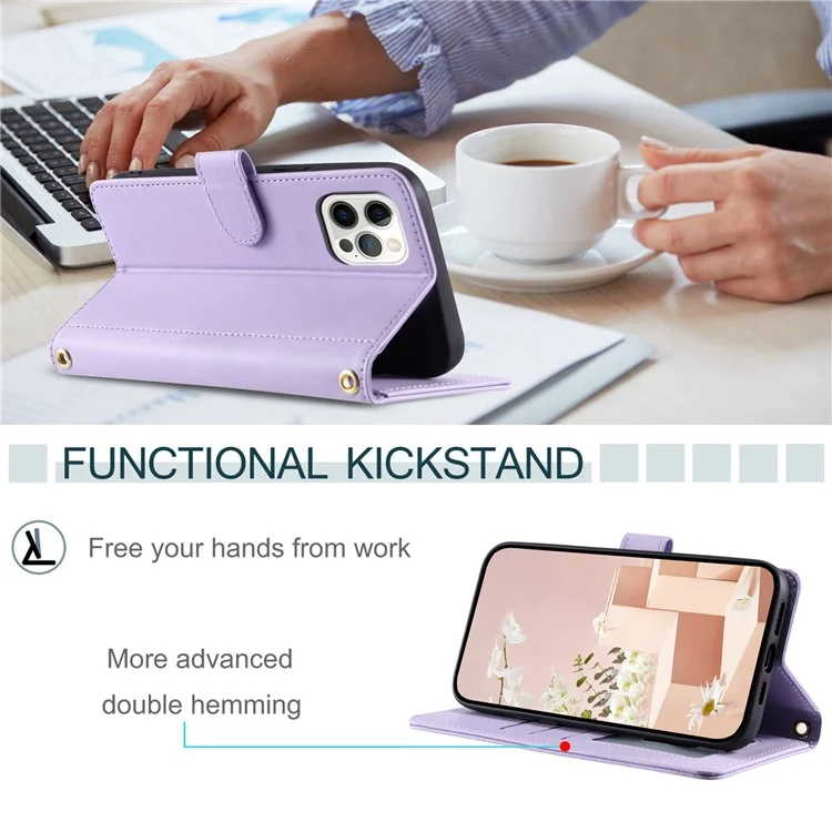 For iPhone 12 / 12 Pro Leather Case Wallet Stand Flip Phone Cover with 2 Straps - Purple