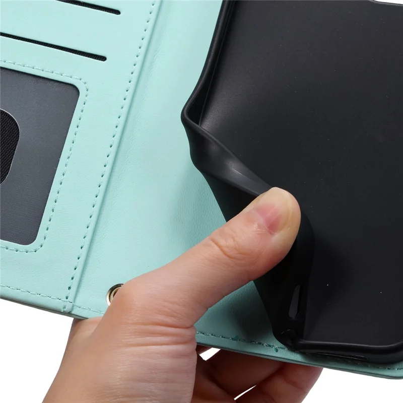 For iPhone 12 / 12 Pro Leather Case Wallet Stand Flip Phone Cover with 2 Straps - Mint Green