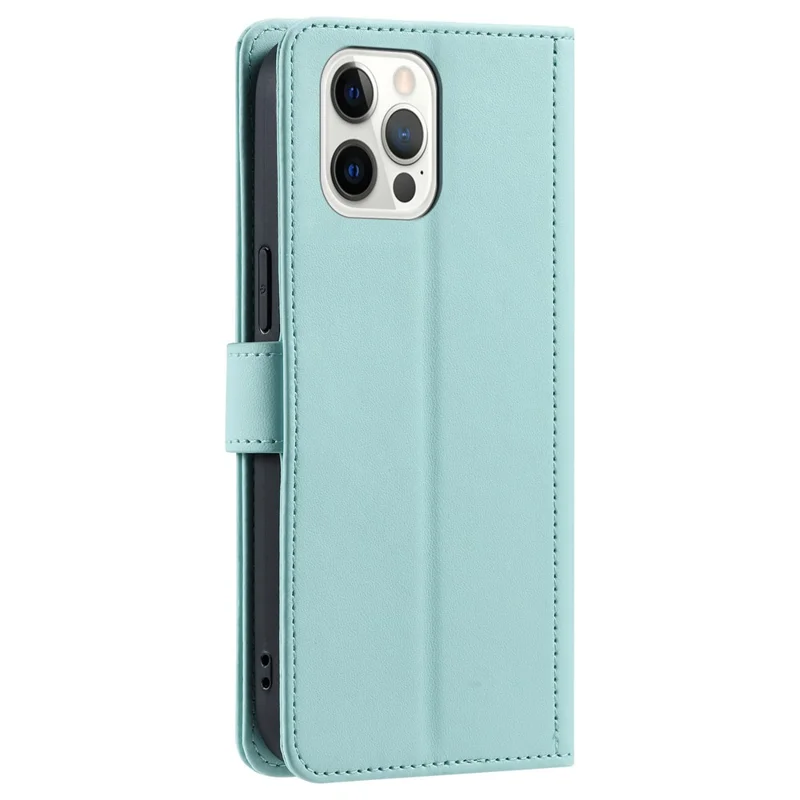 For iPhone 12 / 12 Pro Leather Case Wallet Stand Flip Phone Cover with 2 Straps - Mint Green