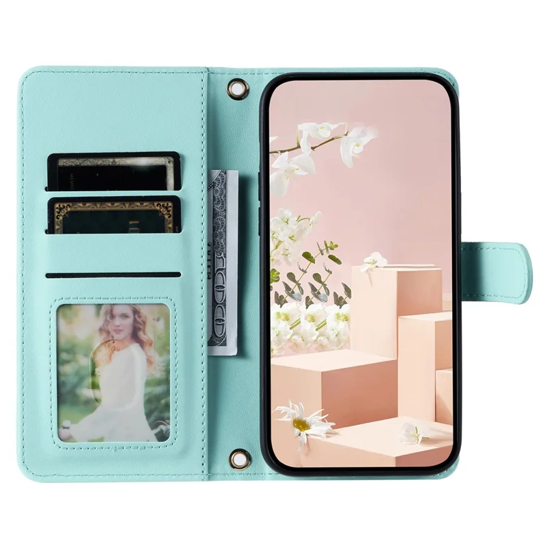 For iPhone 12 / 12 Pro Leather Case Wallet Stand Flip Phone Cover with 2 Straps - Mint Green