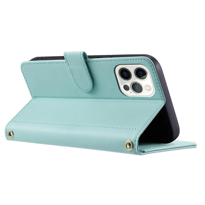 For iPhone 12 / 12 Pro Leather Case Wallet Stand Flip Phone Cover with 2 Straps - Mint Green