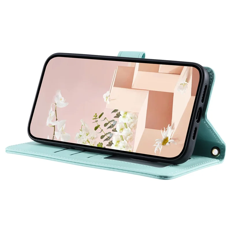 For iPhone 12 / 12 Pro Leather Case Wallet Stand Flip Phone Cover with 2 Straps - Mint Green