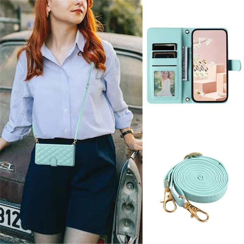 For iPhone 12 / 12 Pro Leather Case Wallet Stand Flip Phone Cover with 2 Straps - Mint Green