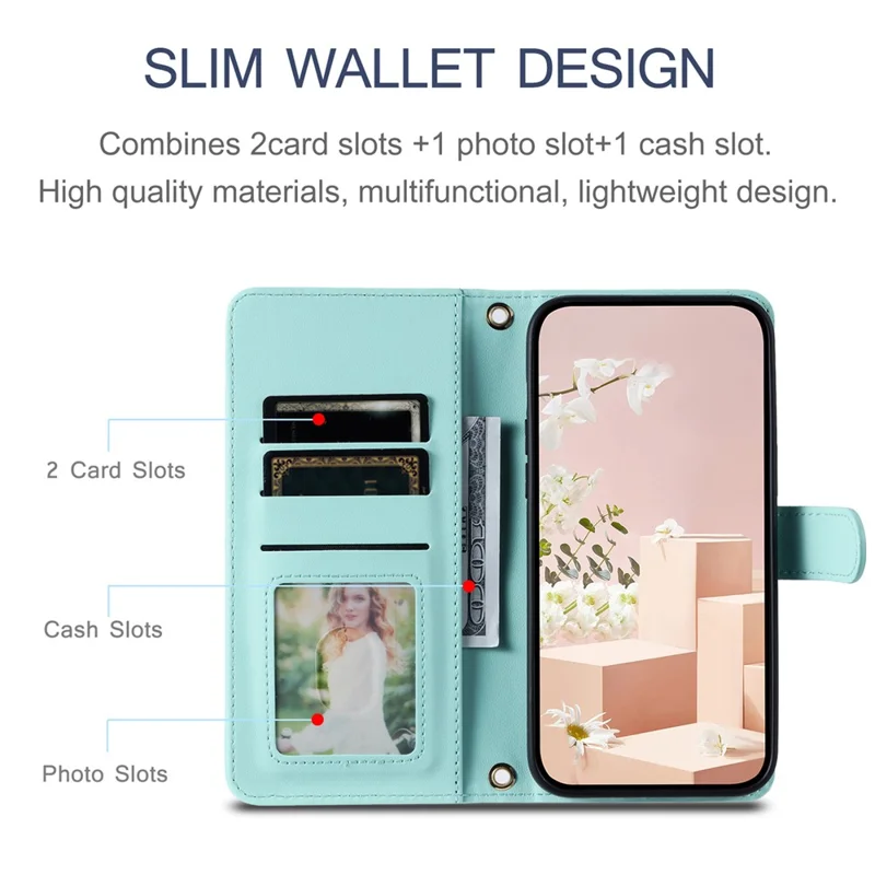 For iPhone 12 / 12 Pro Leather Case Wallet Stand Flip Phone Cover with 2 Straps - Mint Green