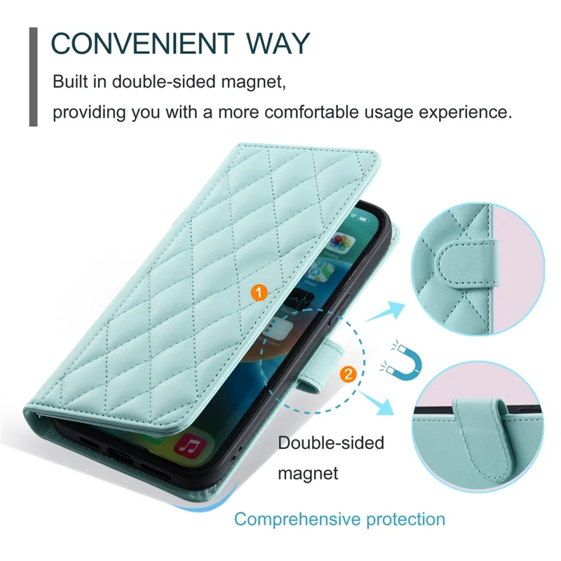 For iPhone 12 / 12 Pro Leather Case Wallet Stand Flip Phone Cover with 2 Straps - Mint Green