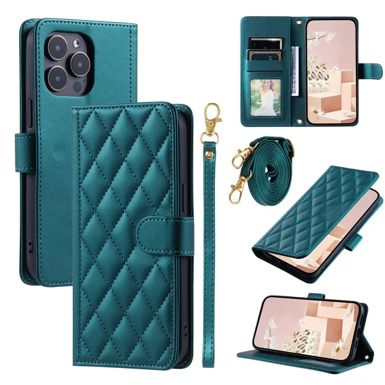 Funda de cuero para iPhone 14 Pro con correa de mano y correa de hombro - Verde
