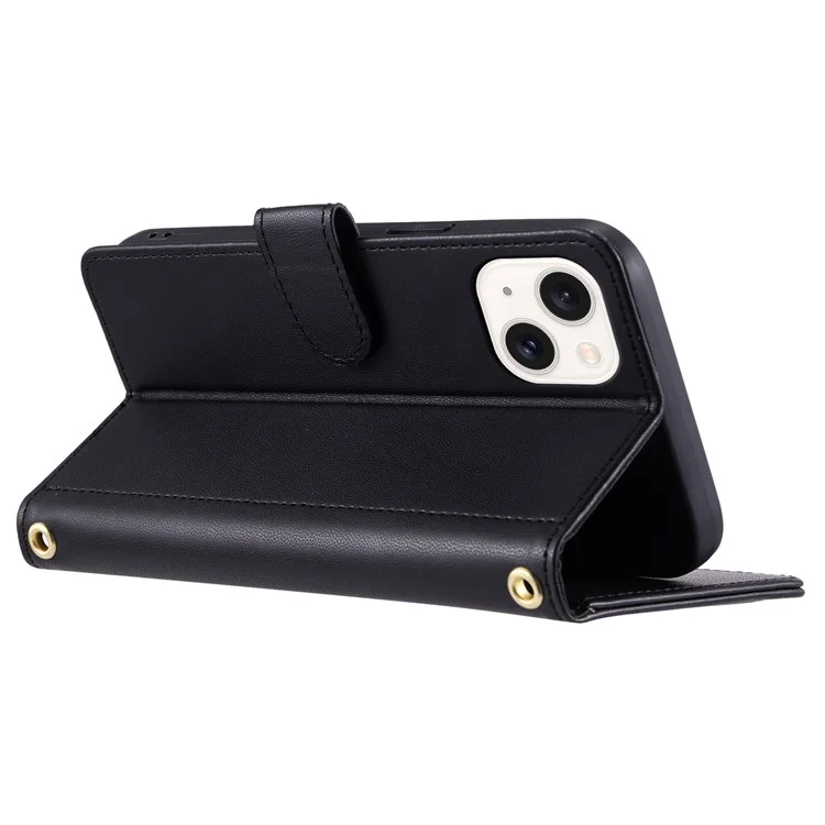 For iPhone 15 Plus Case Wallet Leather Phone Cover with Crossbody Shoulder Strap - Black