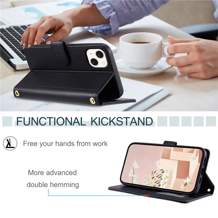 For iPhone 15 Plus Case Wallet Leather Phone Cover with Crossbody Shoulder Strap - Black