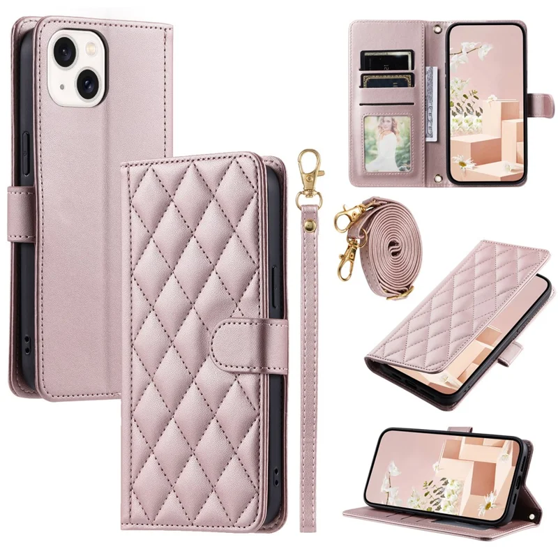 For iPhone 15 Plus Case Wallet Leather Phone Cover with Crossbody Shoulder Strap - Rose Gold