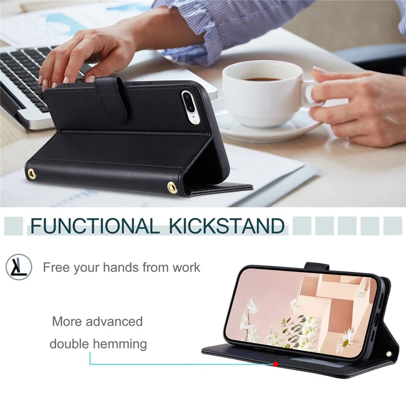 For iPhone 6 Plus / 6s Plus / 7 Plus / 8 Plus Case Wallet PU Leather Crossbody Phone Cover - Black