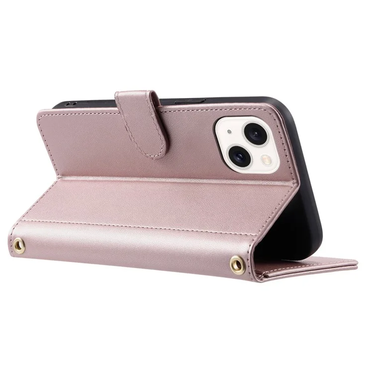 For iPhone 13 / 14 Leather Case with Straps Magnetic Clasp Wallet Phone Cover - Rose Gold