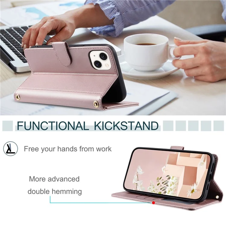 For iPhone 13 / 14 Leather Case with Straps Magnetic Clasp Wallet Phone Cover - Rose Gold