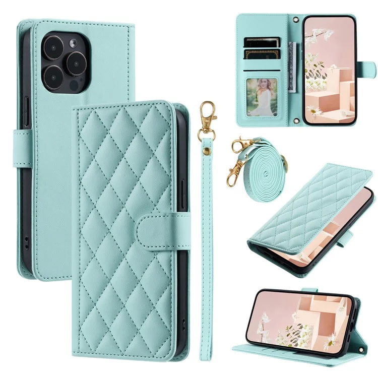 Für iPhone 14 Pro Max Case Leder Stand Wallet Flip Phone Cover Rhombus Gitter - Minzgrün