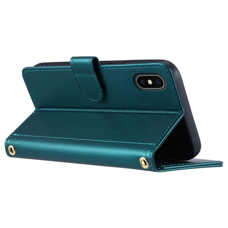 For iPhone X / XS Case Rhombus Grid Leather Phone Cover with Wallet Stand - Green