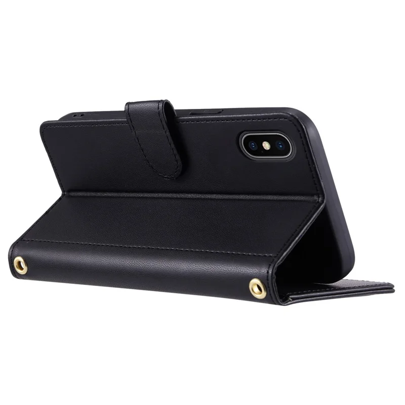 For iPhone X / XS Case Rhombus Grid Leather Phone Cover with Wallet Stand - Black