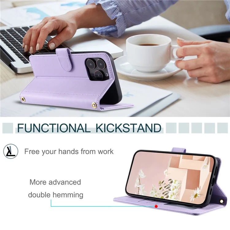 Funda de cuero con correa para el hombro y soporte para iPhone 15 Pro Max - Morado
