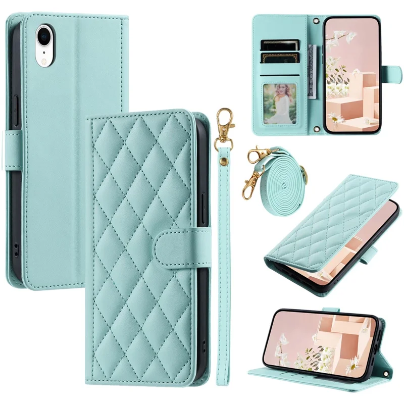 For iPhone XR Leather Case Rhombus Grid Flip Wallet Phone Cover with Straps - Mint Green