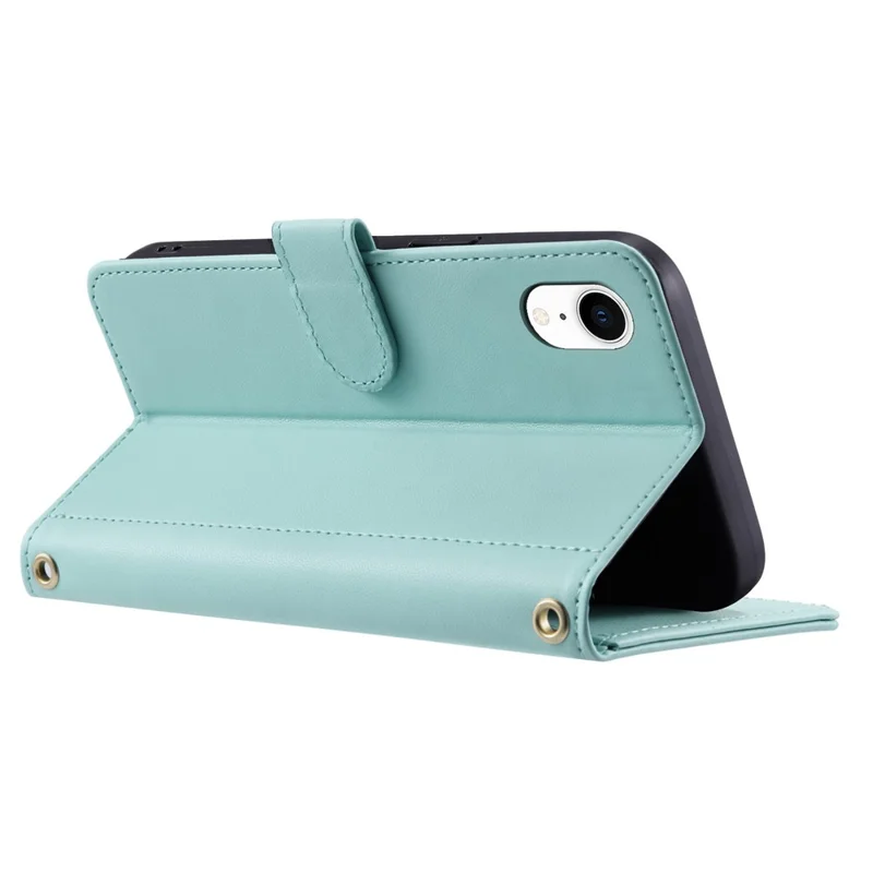 For iPhone XR Leather Case Rhombus Grid Flip Wallet Phone Cover with Straps - Mint Green