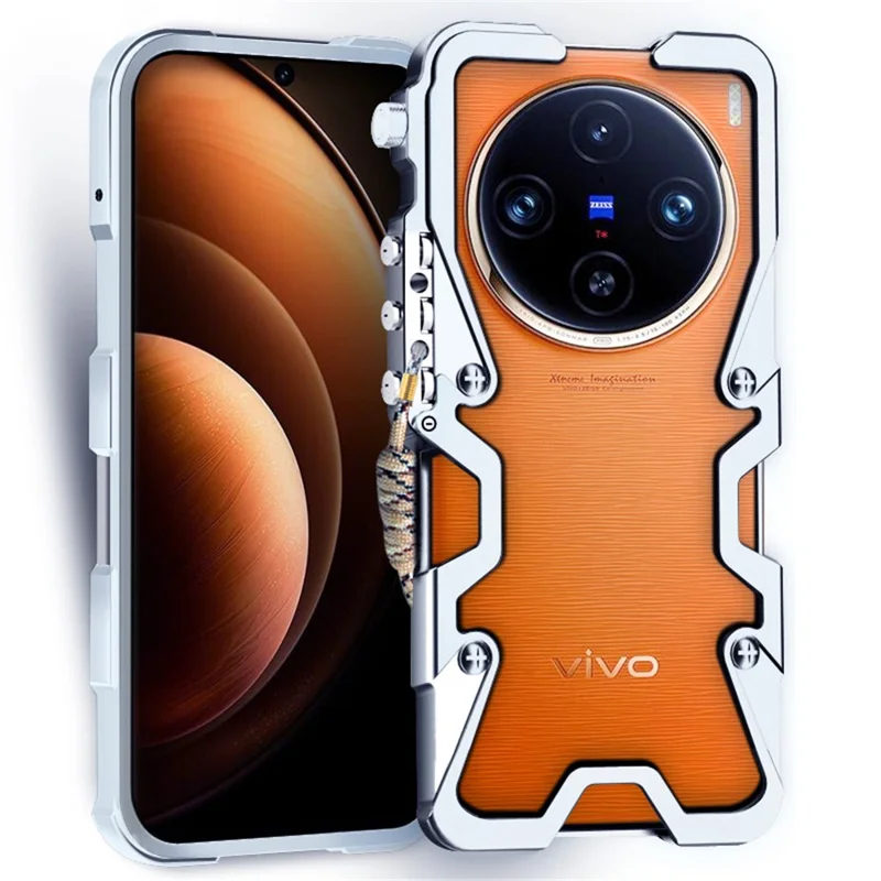 For vivo X100 5G / X80 5G / X80 Pro 5G / X90 5G / X90s 5G Case Scratch Resistant Aluminium Alloy Cell Phone Cover with Strap - Silver