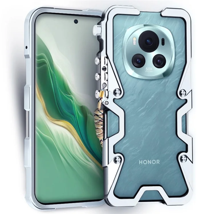 Pour la conception de la série Honor Magic6 5G / Magic5 / Magic6 Ultimate 5G / Magic6 RSR Porsche 5G, étui en alliage d'aluminium pour téléphone portable avec dragonne - Argent