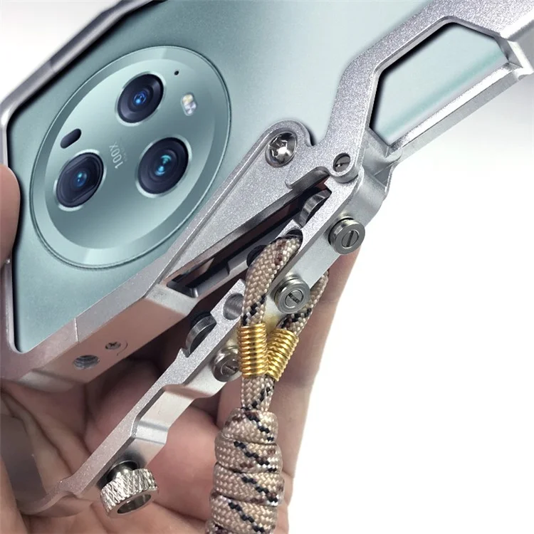 Pour la conception de la série Honor Magic6 5G / Magic5 / Magic6 Ultimate 5G / Magic6 RSR Porsche 5G, étui en alliage d'aluminium pour téléphone portable avec dragonne - Argent