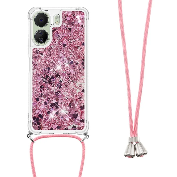 For Xiaomi Redmi 13C 4G / 13C 5G / 13R 5G / Poco M6 5G / Poco C65 4G TPU Case Quicksand Design Phone Cover with Lanyard - Rose Gold / Hearts