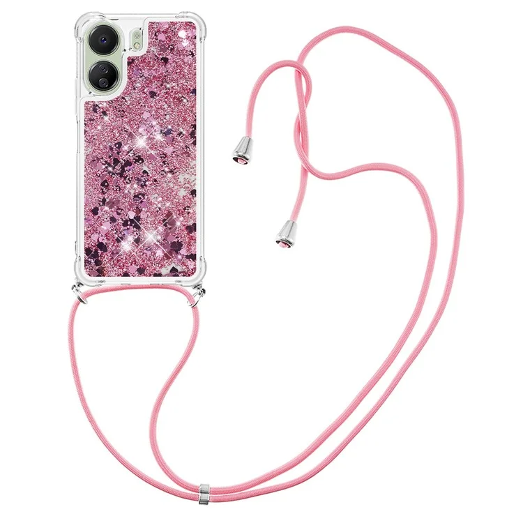 For Xiaomi Redmi 13C 4G / 13C 5G / 13R 5G / Poco M6 5G / Poco C65 4G TPU Case Quicksand Design Phone Cover with Lanyard - Rose Gold / Hearts