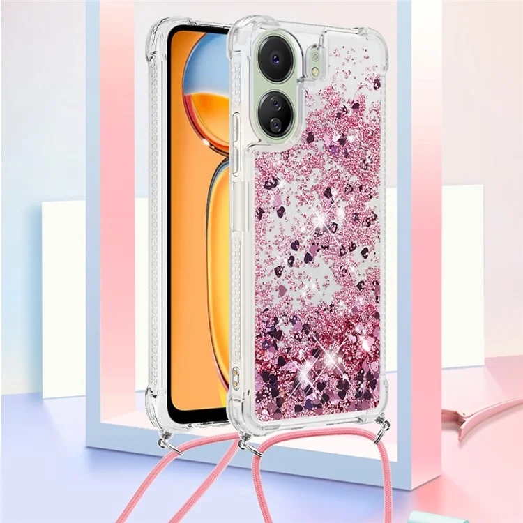 For Xiaomi Redmi 13C 4G / 13C 5G / 13R 5G / Poco M6 5G / Poco C65 4G TPU Case Quicksand Design Phone Cover with Lanyard - Rose Gold / Hearts
